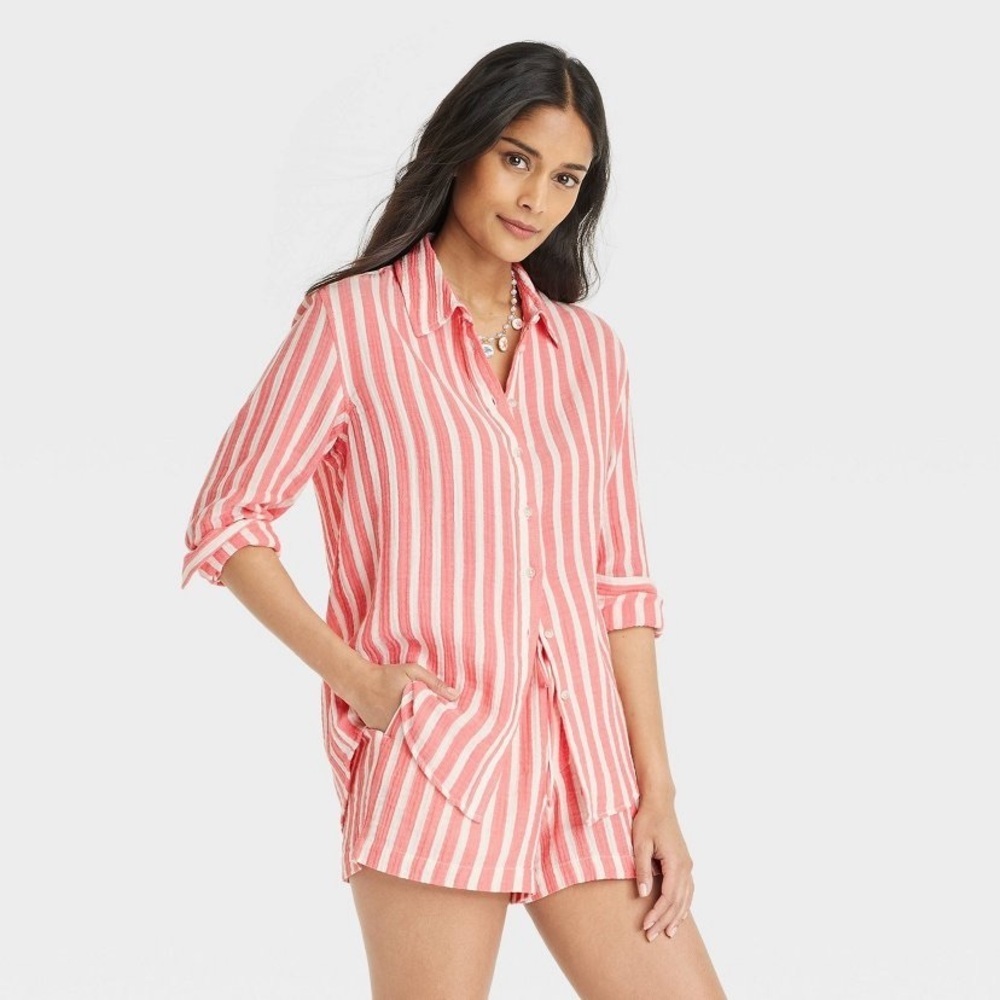 Gauze Long Sleeve Collared Button-Down Shirt Universal Thread Coral Pink Striped